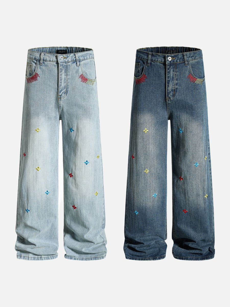Light Blue Wide-Leg Jeans with Multi-Colored Embroidery