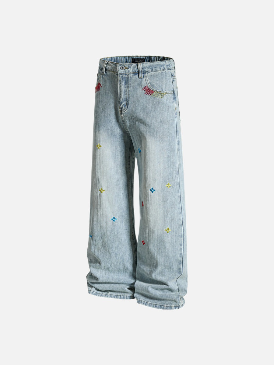 Light Blue Wide-Leg Jeans with Multi-Colored Embroidery