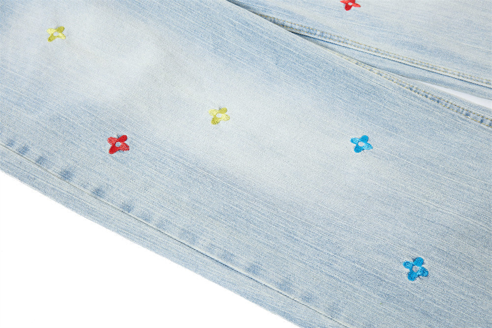 Light Blue Wide-Leg Jeans with Multi-Colored Embroidery