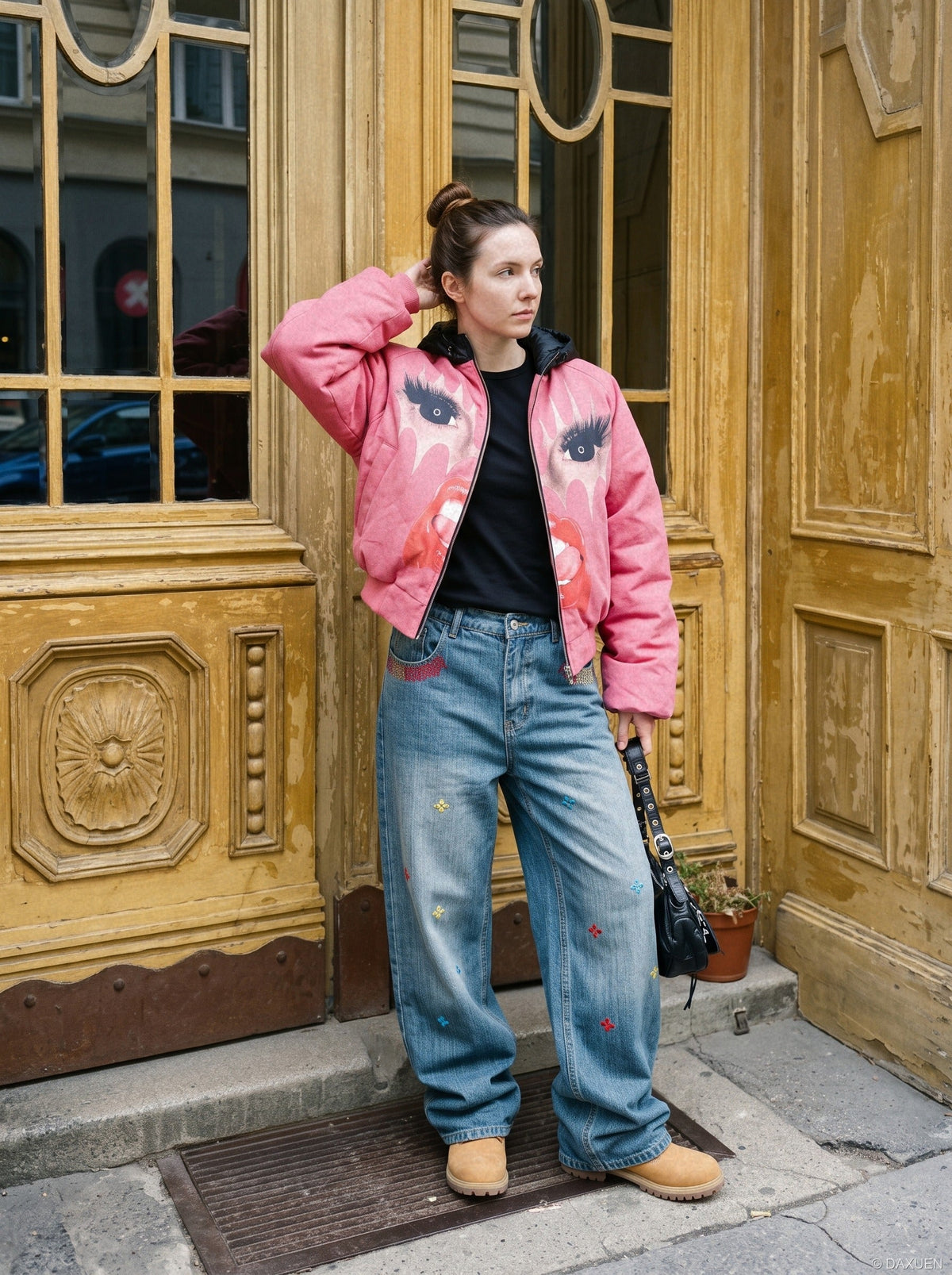 Light Blue Wide-Leg Jeans with Multi-Colored Embroidery