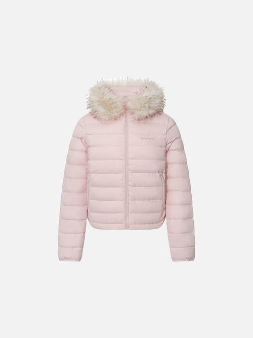 Light Pink Cropped Puffer with Faux Fur Hood Jacket - Pink / S