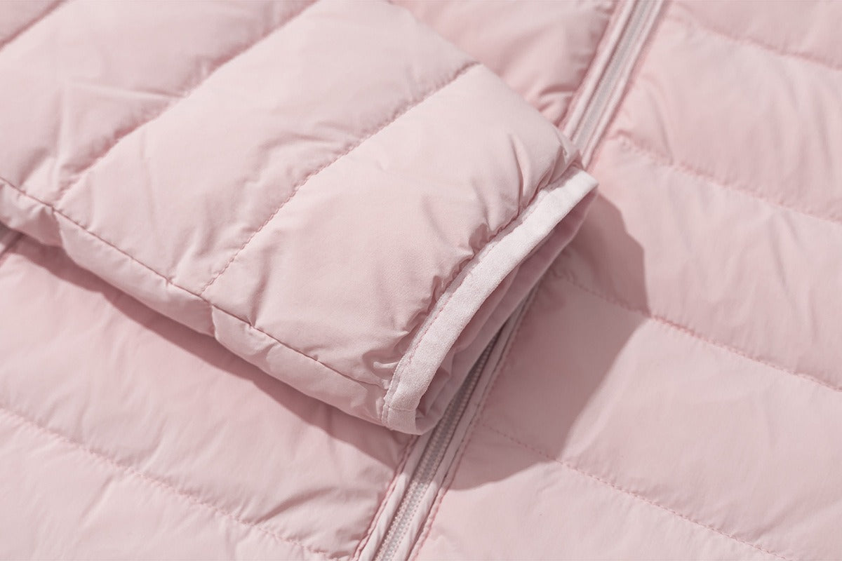 Light Pink Cropped Puffer with Faux Fur Hood Jacket
