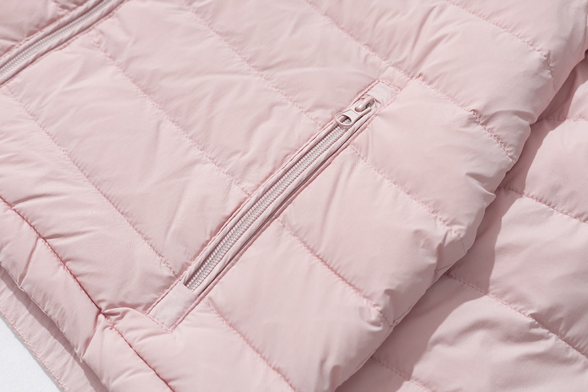 Light Pink Cropped Puffer with Faux Fur Hood Jacket