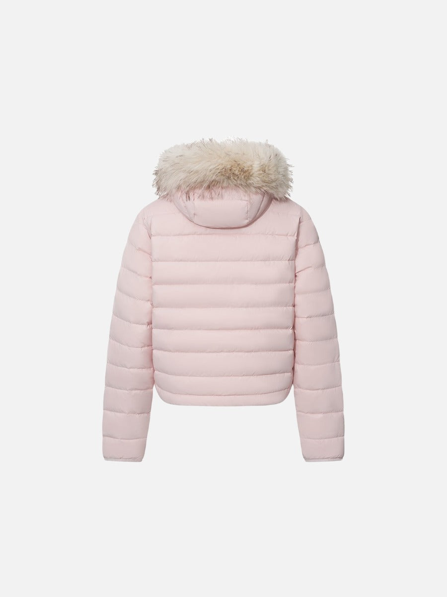 Light Pink Cropped Puffer with Faux Fur Hood Jacket