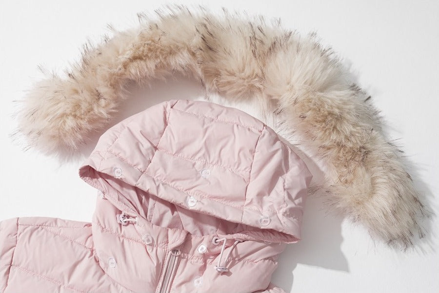 Light Pink Cropped Puffer with Faux Fur Hood Jacket