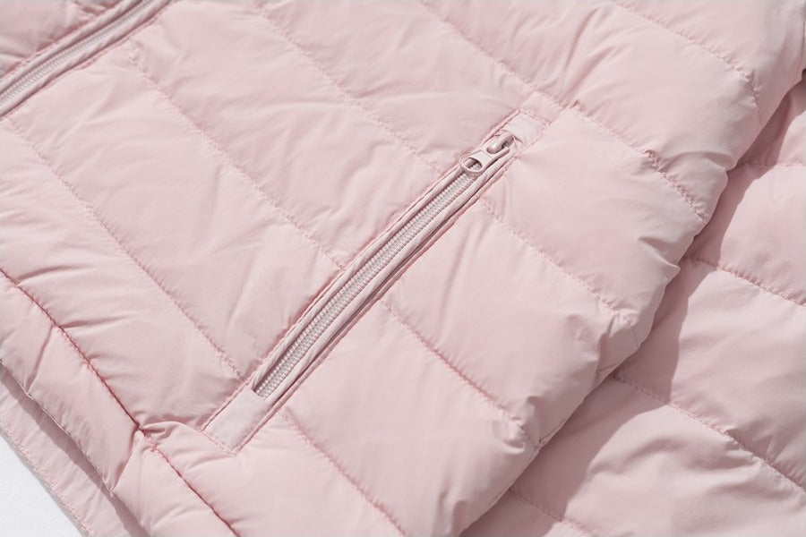 Light Pink Cropped Puffer with Faux Fur Hood Jacket