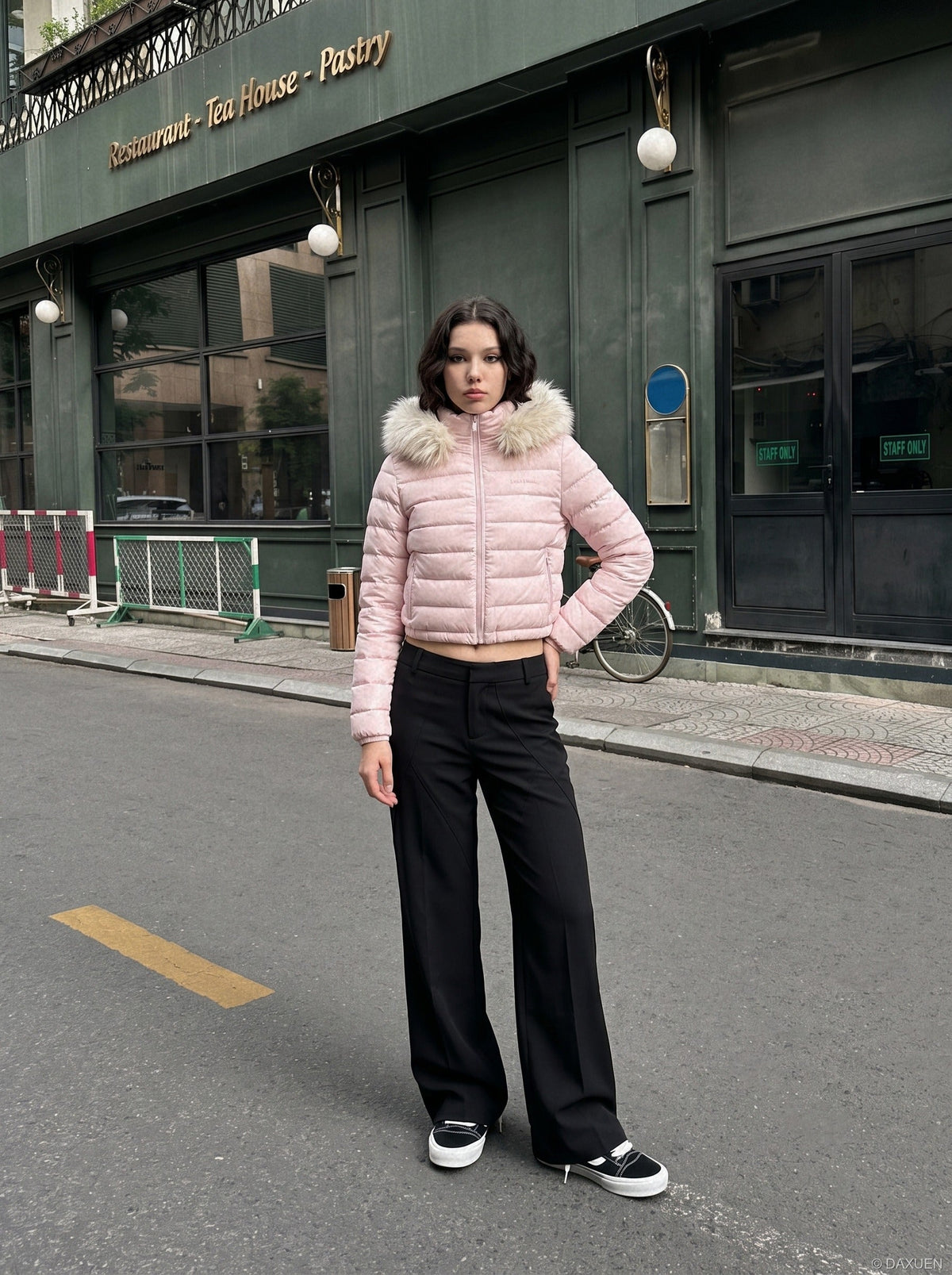 Light Pink Cropped Puffer with Faux Fur Hood Jacket