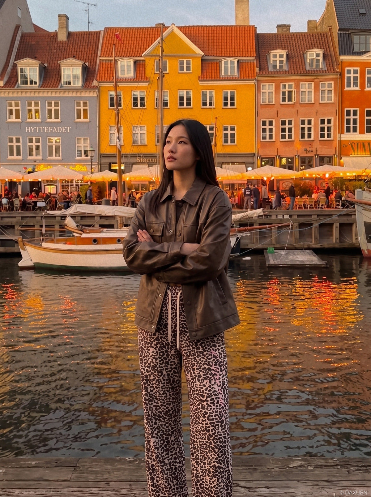 DAXUEN brown and light pink leopard print wide-leg pants — model photo