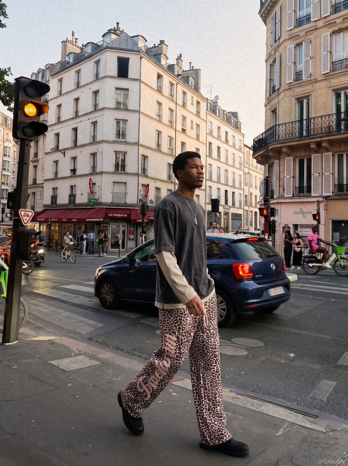 DAXUEN brown and light pink leopard print wide-leg pants — model photo