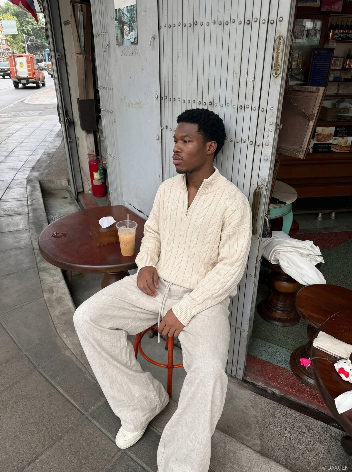 DAXUEN khaki wide-leg drawstring pants — model photo