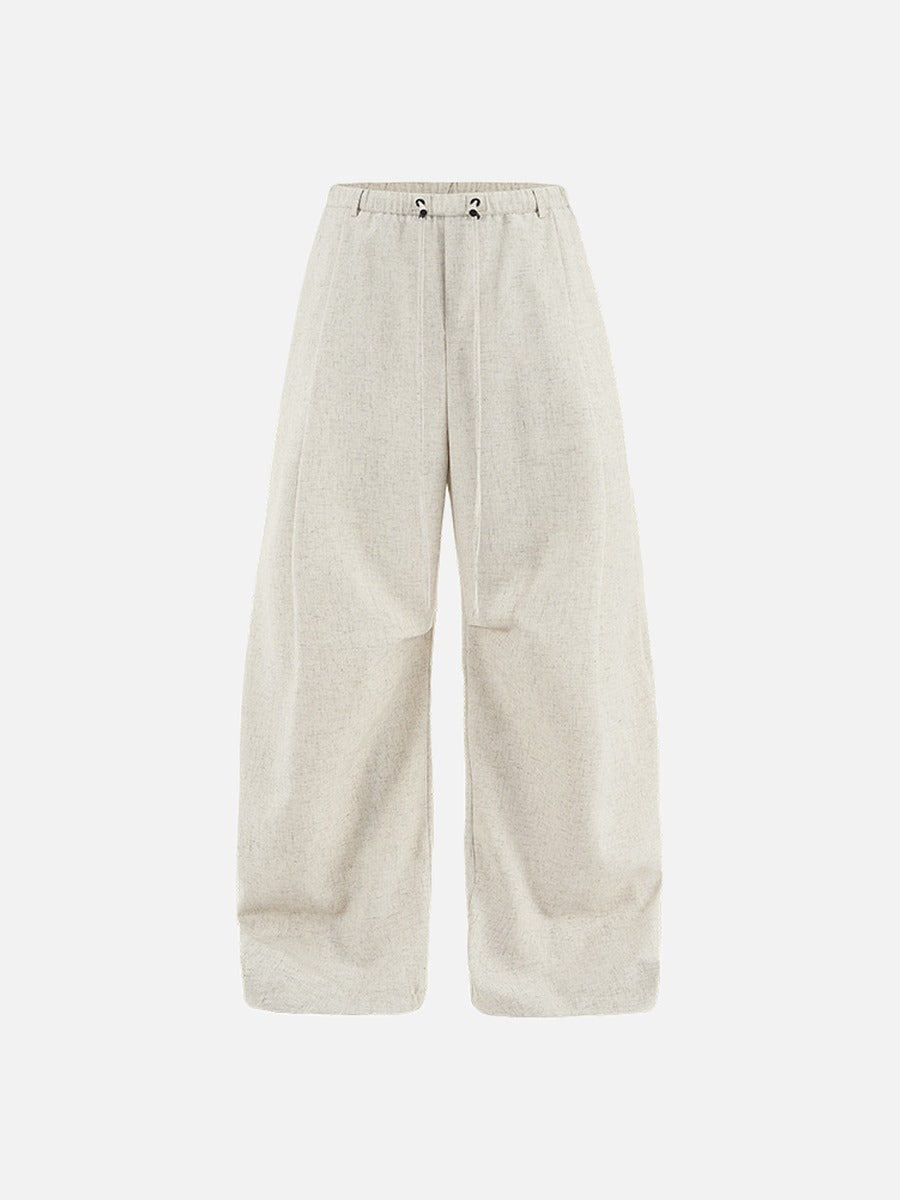 Linen Wide-Leg Drawstring Pants in Khaki