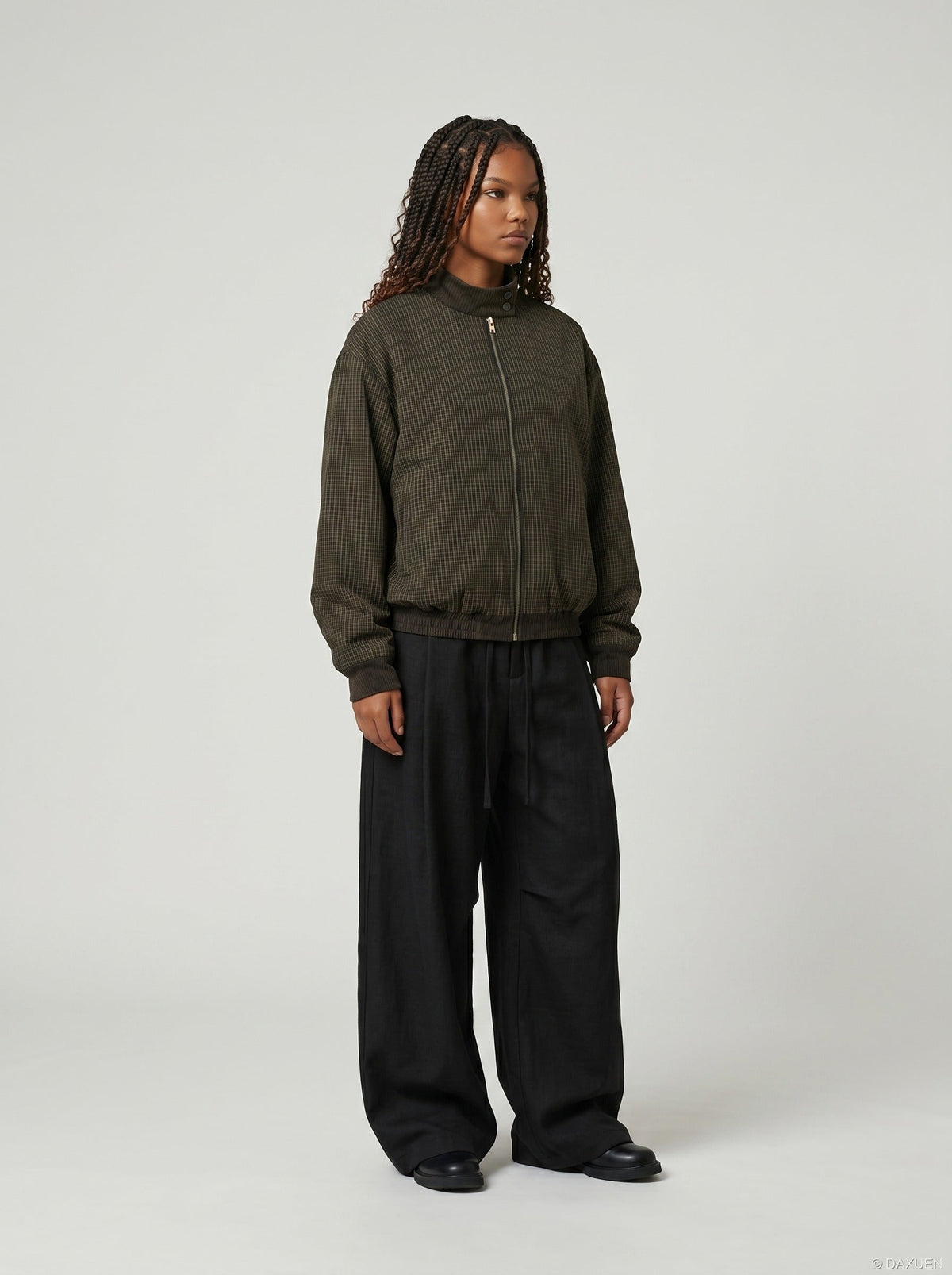 DAXUEN khaki wide-leg drawstring pants — model photo