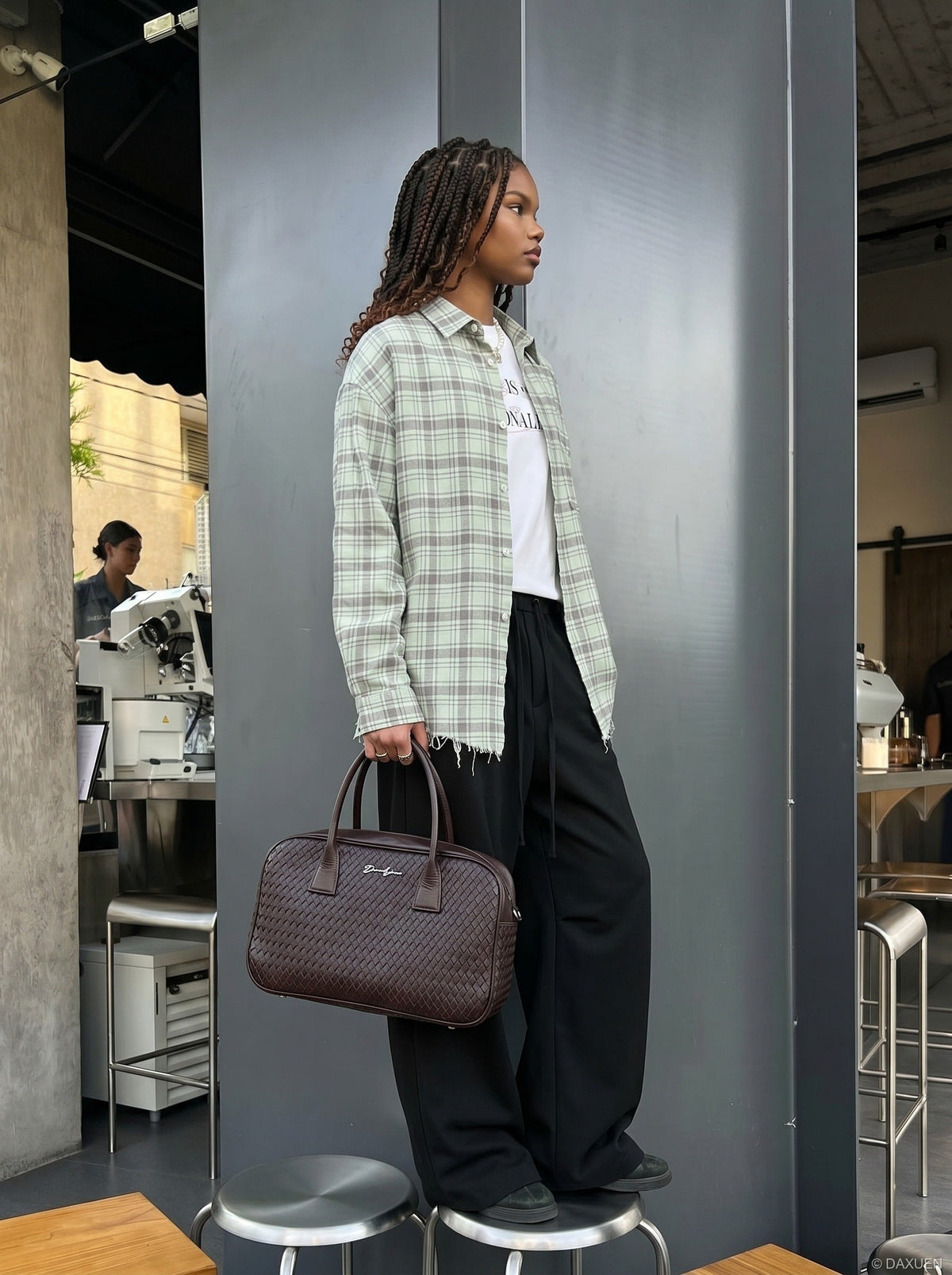 DAXUEN khaki wide-leg drawstring pants — model photo