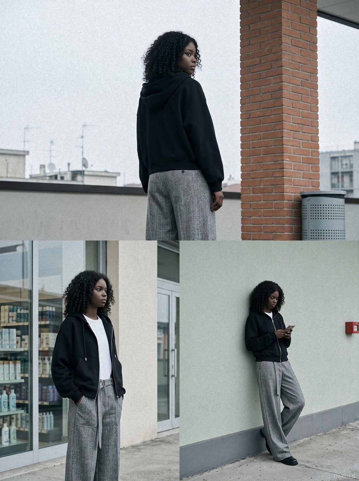 DAXUEN black marled fleece hooded tracksuit set — model photo