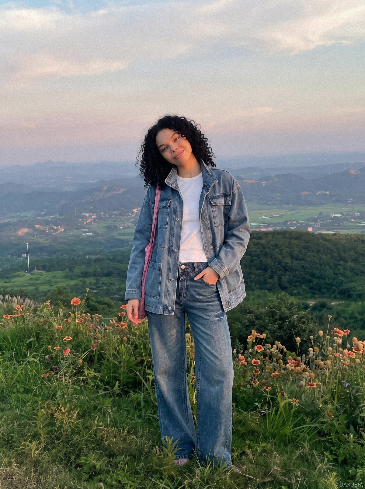 DAXUEN medium blue vintage-fade wide-leg jeans — model photo