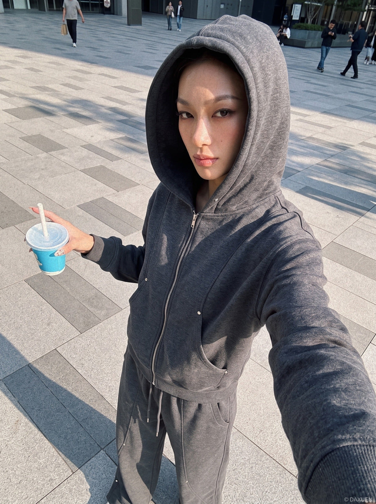 DAXUEN light gray melange metallic-stud tracksuit set — model photo