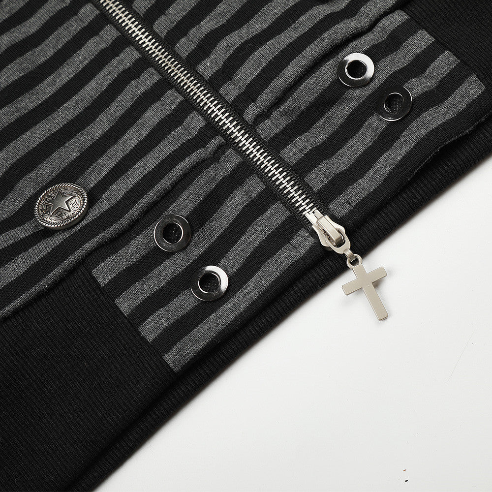 DAXUEN black and grey striped metallic-studded zip-up hoodie