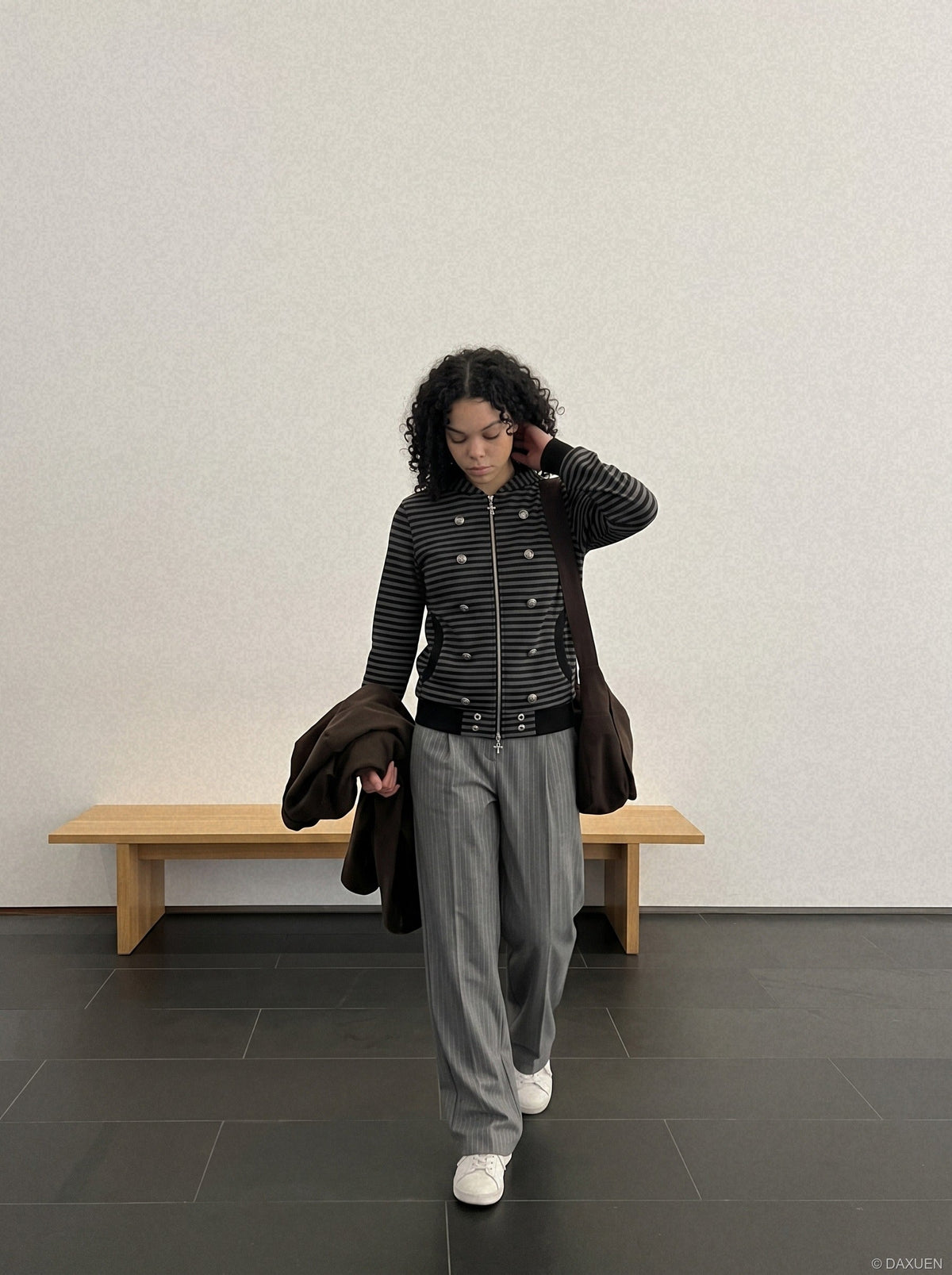 DAXUEN black and grey striped metallic-studded zip-up hoodie — model photo