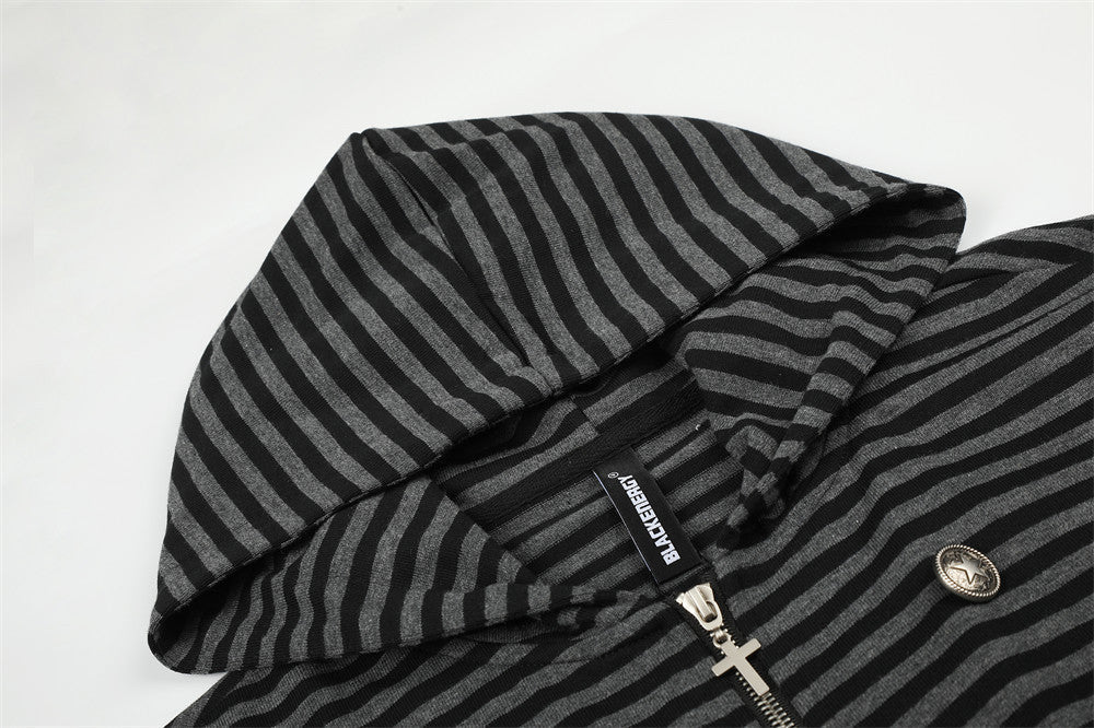 DAXUEN black and grey striped metallic-studded zip-up hoodie