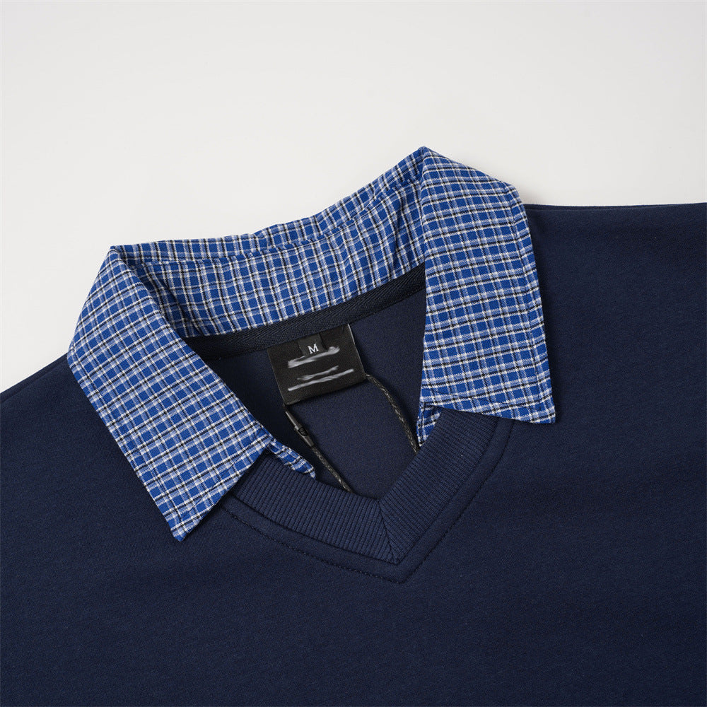 DAXUEN black micro-plaid contrast collar long sleeve sweatshirt