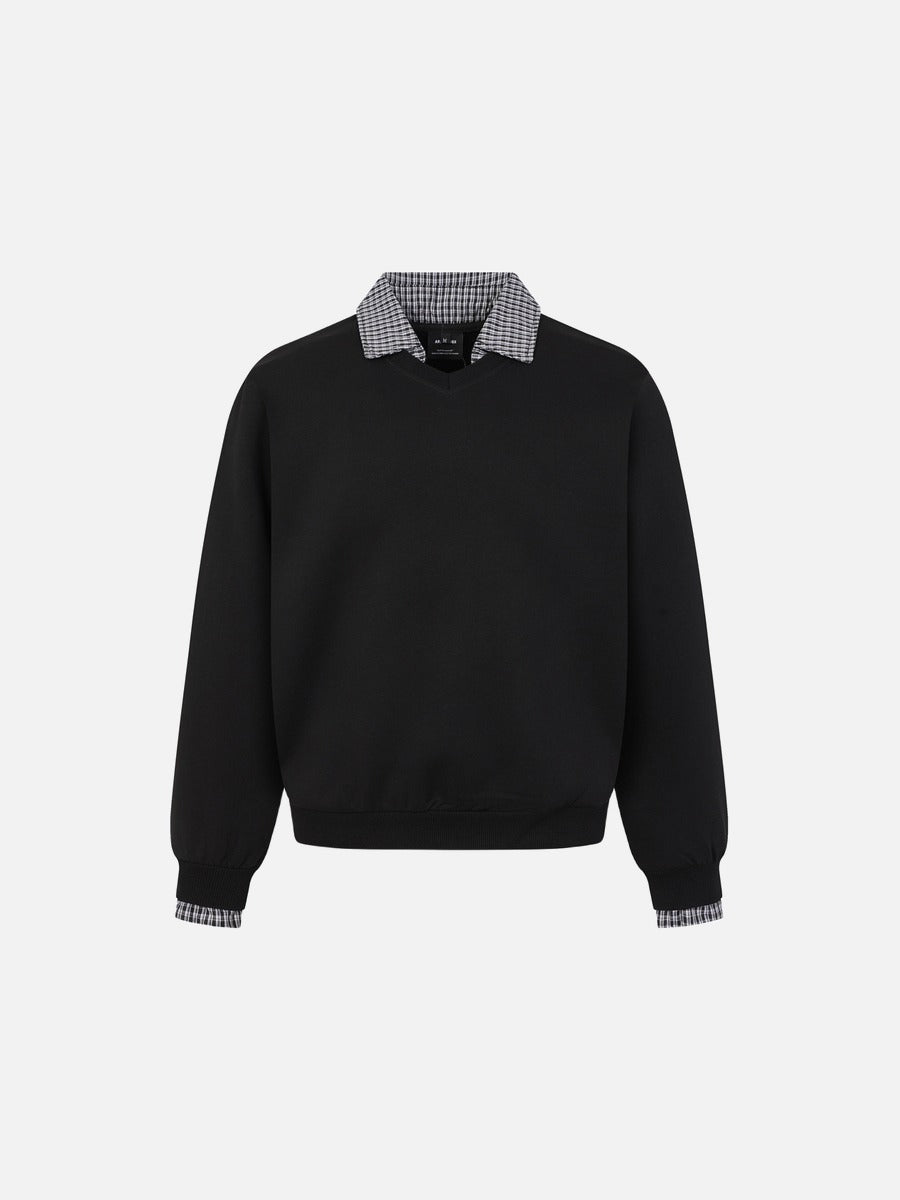 DAXUEN black micro-plaid contrast collar long sleeve sweatshirt