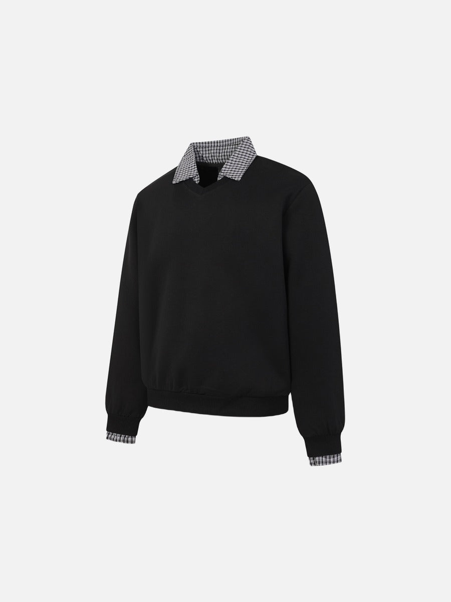 DAXUEN black micro-plaid contrast collar long sleeve sweatshirt