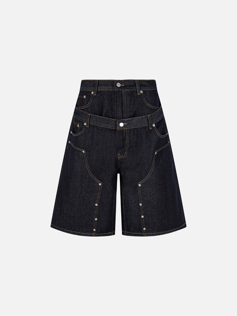 Layered Indigo Baggy Denim Shorts
