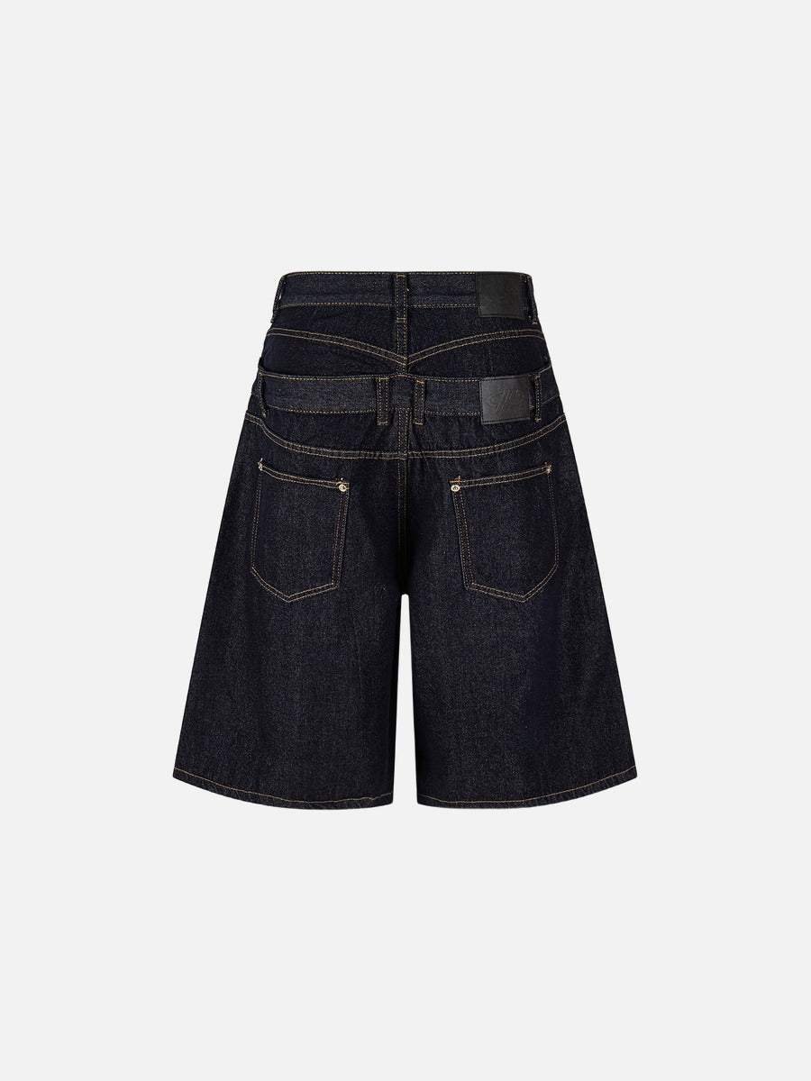 Layered Indigo Baggy Denim Shorts
