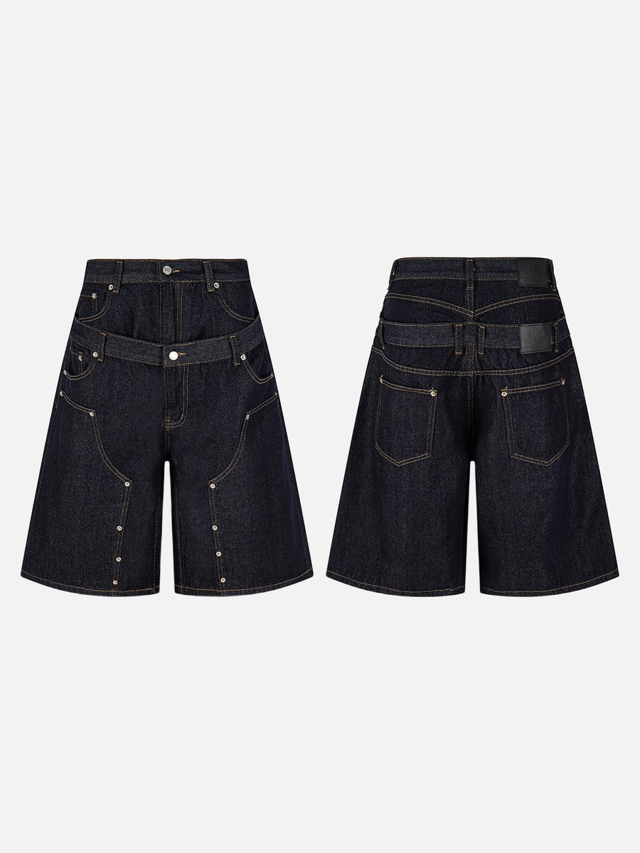 Layered Indigo Baggy Denim Shorts