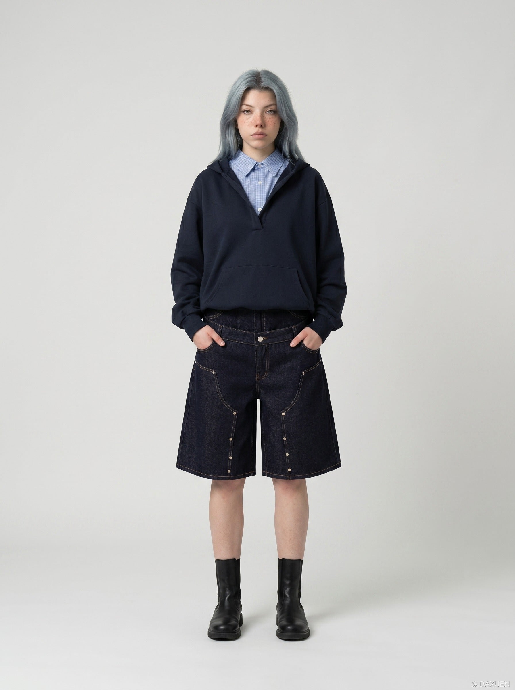 Layered Indigo Baggy Denim Shorts