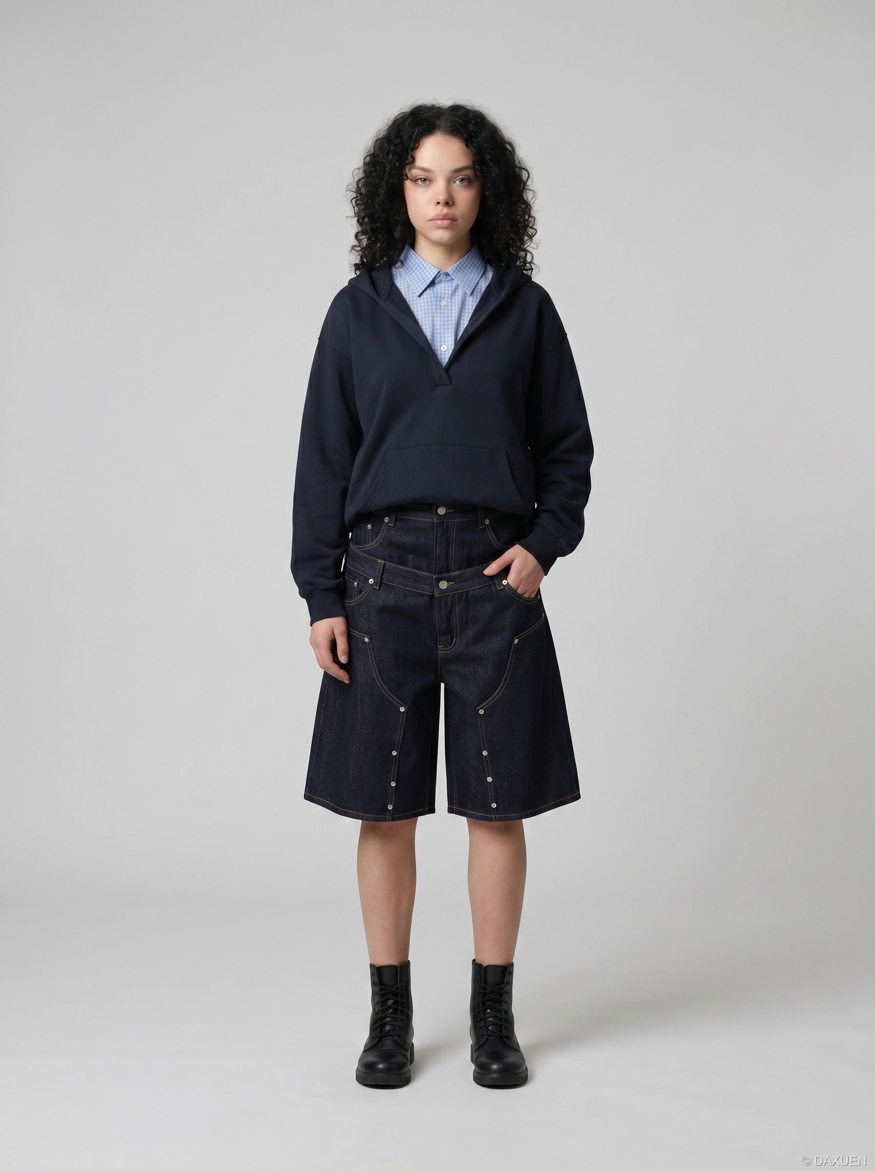 Layered Indigo Baggy Denim Shorts