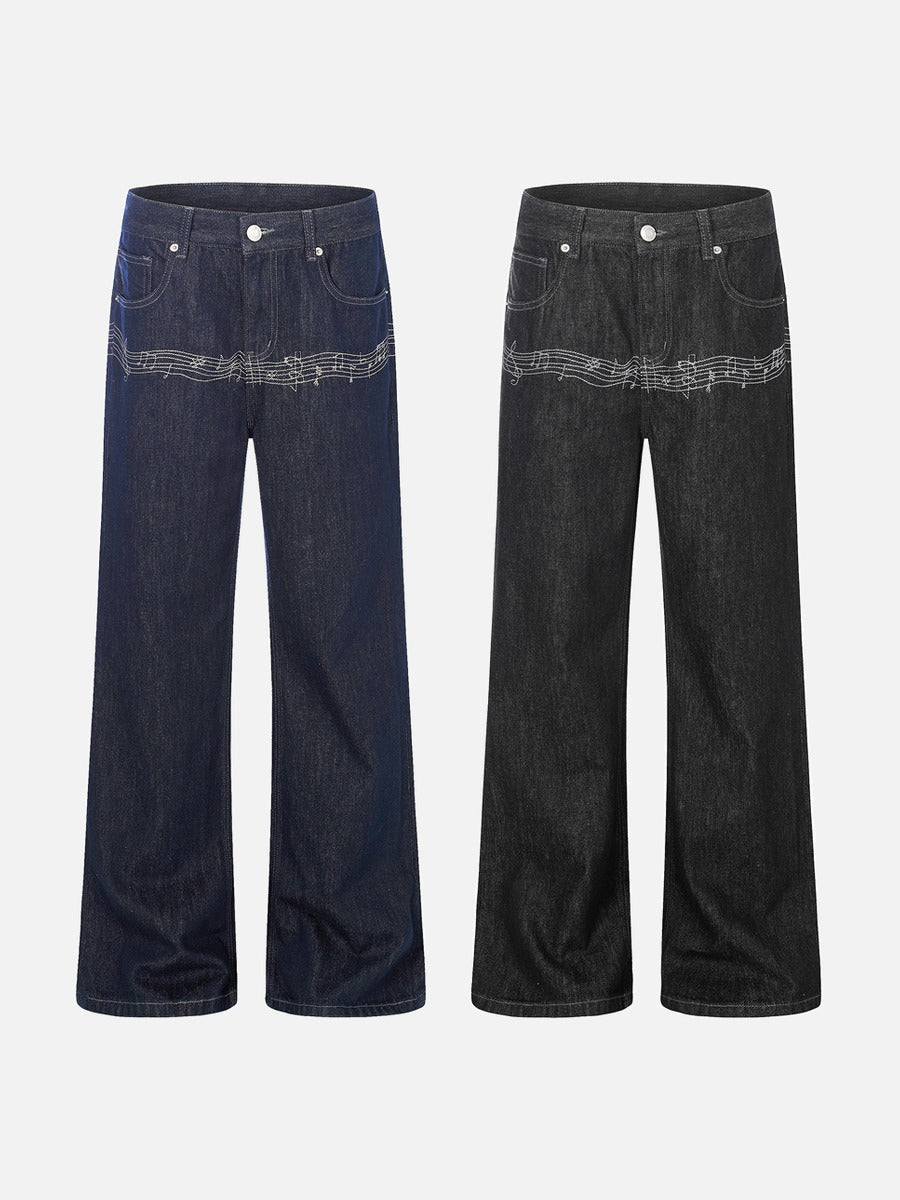 Musical Embroidery Wide-Leg Jeans