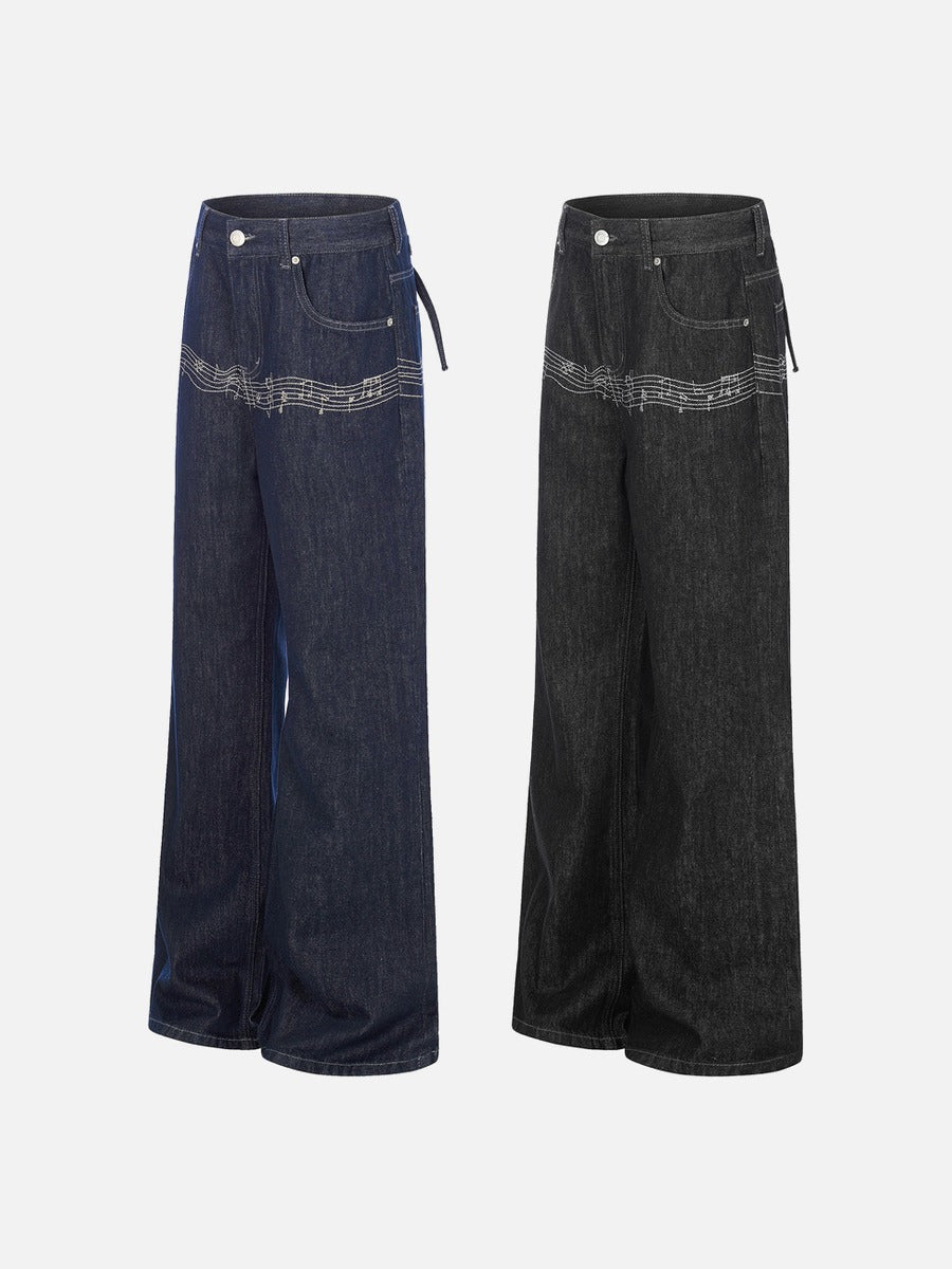 Musical Embroidery Wide-Leg Jeans