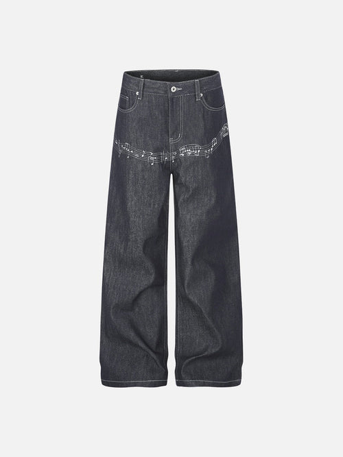 Musical Notes Embroidered Wide-Leg Jeans - Black / S