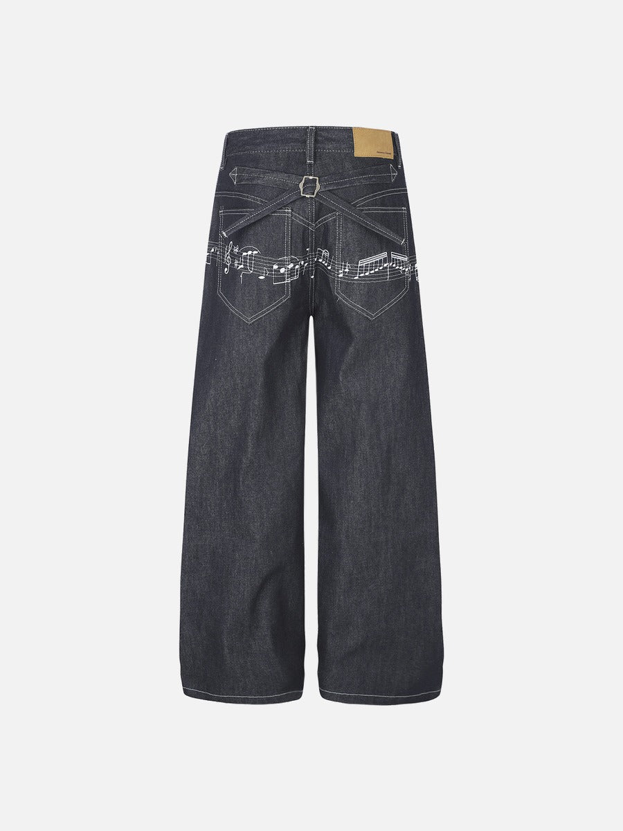 Musical Notes Embroidered Wide-Leg Jeans