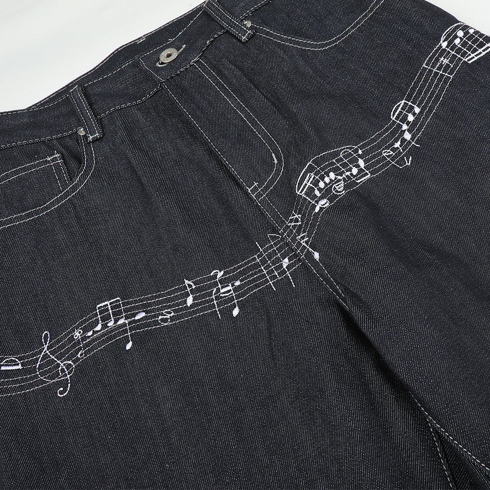 Musical Notes Embroidered Wide-Leg Jeans