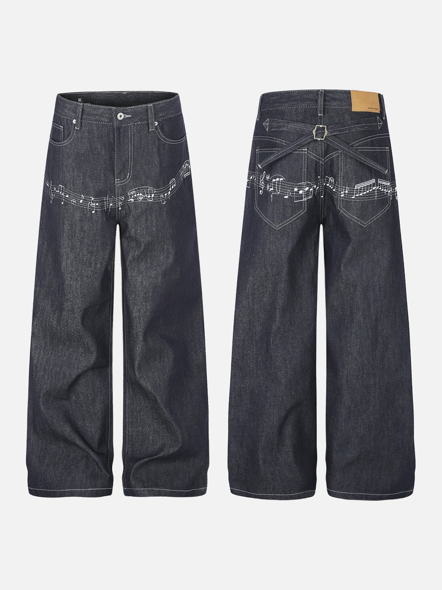 Musical Notes Embroidered Wide-Leg Jeans