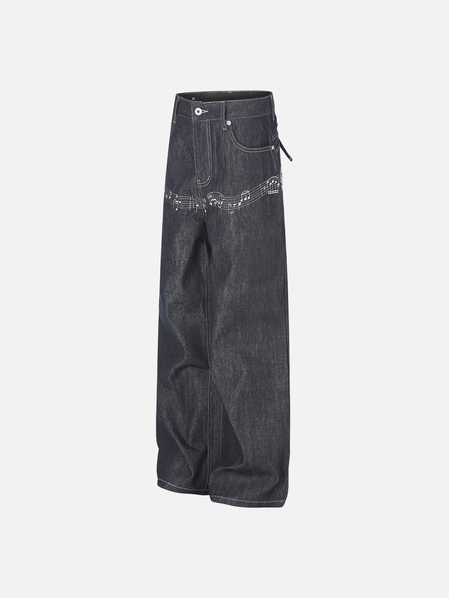 Musical Notes Embroidered Wide-Leg Jeans