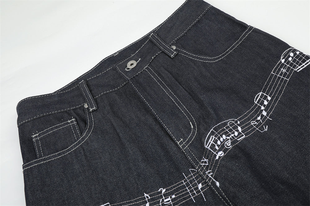 Musical Notes Embroidered Wide-Leg Jeans