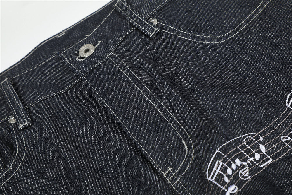 Musical Notes Embroidered Wide-Leg Jeans