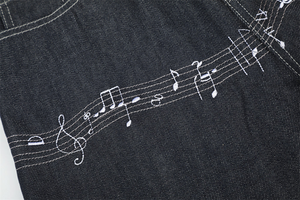 Musical Notes Embroidered Wide-Leg Jeans