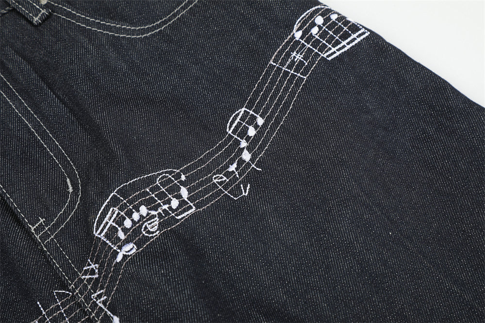 Musical Notes Embroidered Wide-Leg Jeans