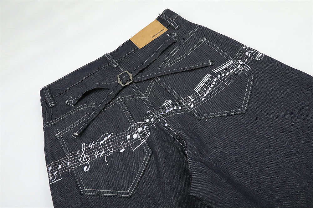 Musical Notes Embroidered Wide-Leg Jeans