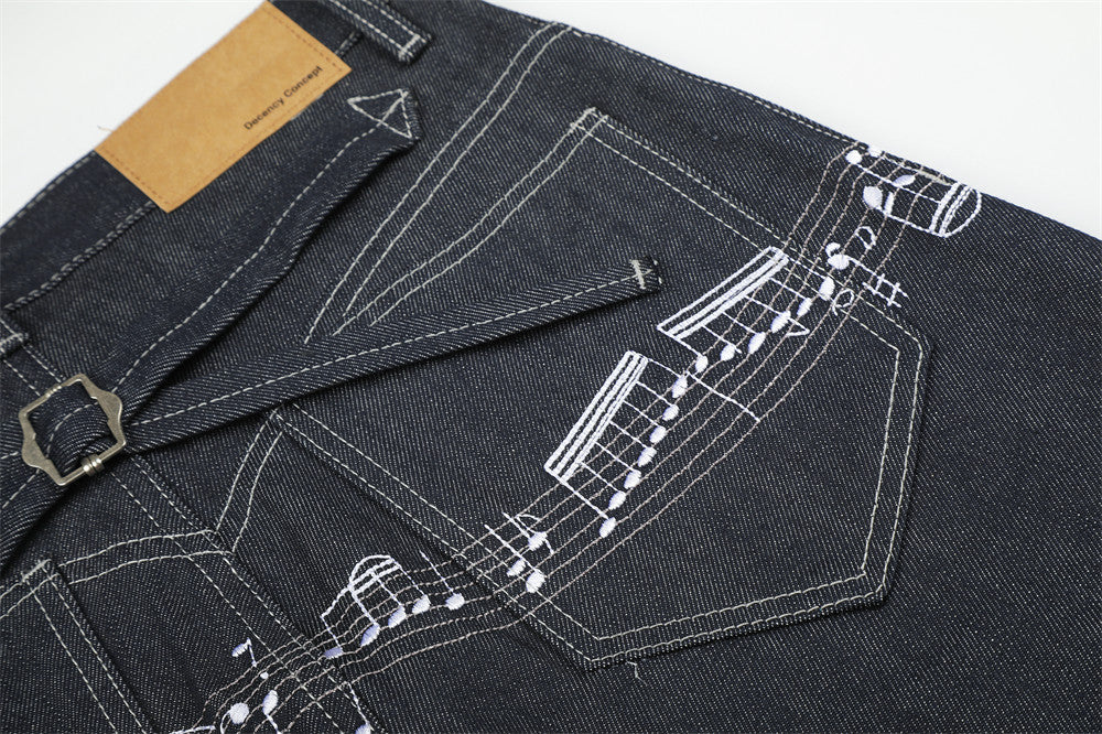 Musical Notes Embroidered Wide-Leg Jeans