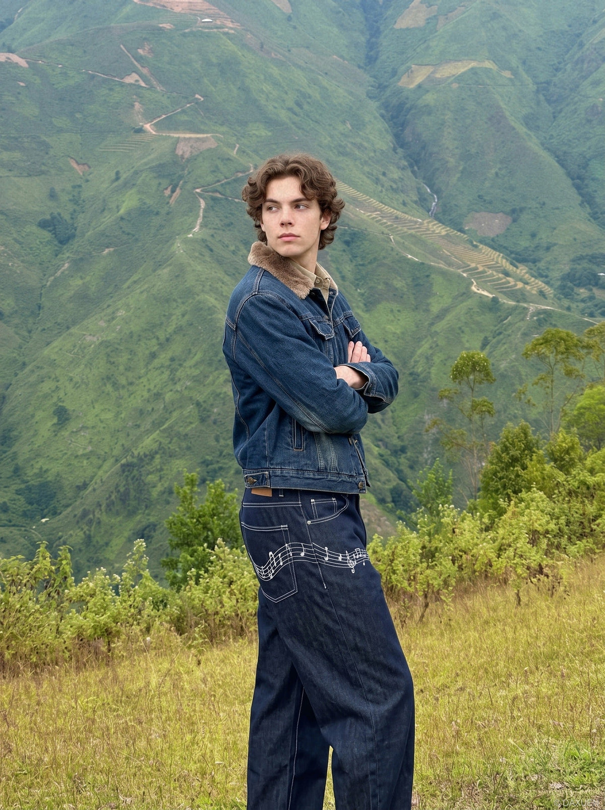 Musical Notes Embroidered Wide-Leg Jeans