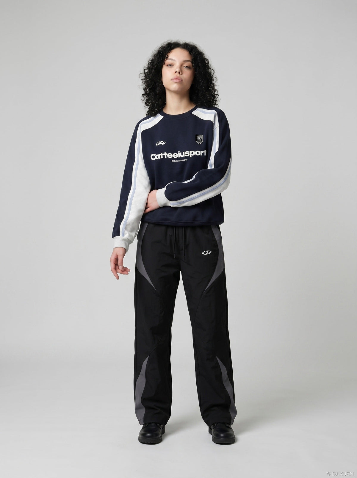 DAXUEN navy blue and burgundy colour-blocked sweatshirt — model photo