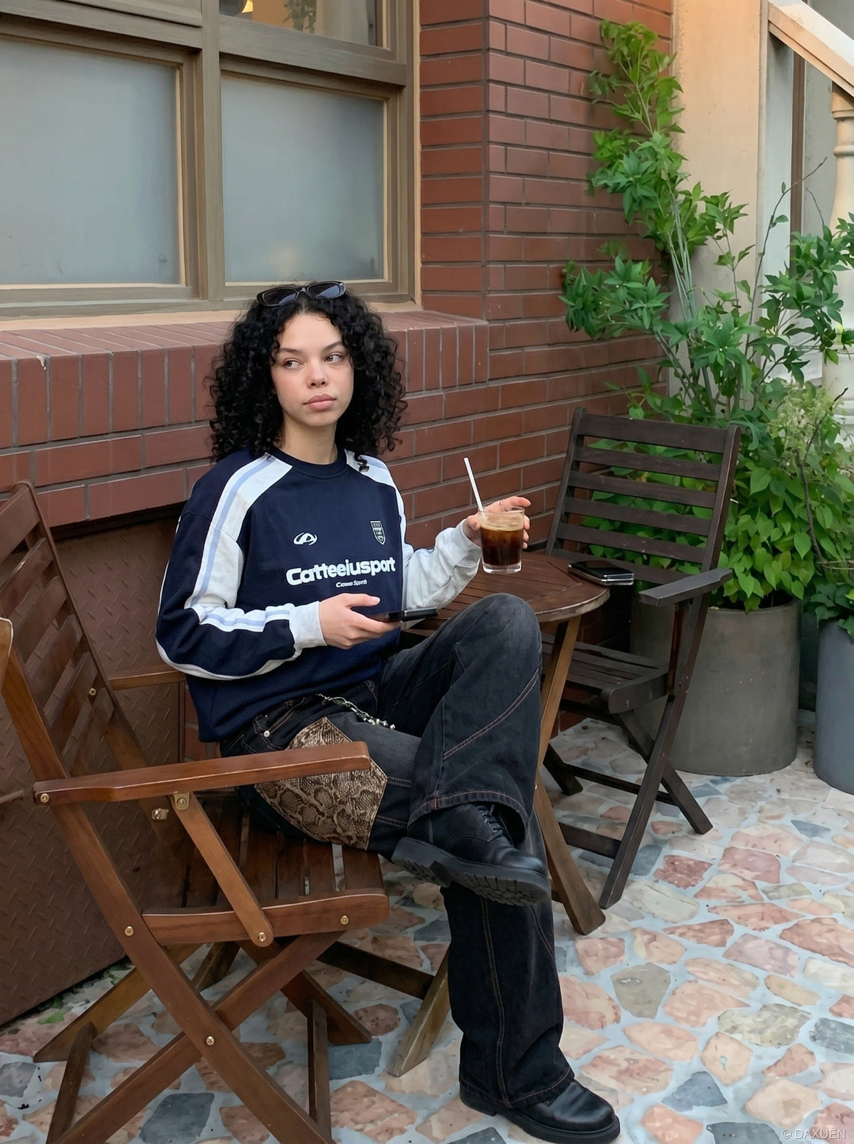 DAXUEN navy blue and burgundy colour-blocked sweatshirt — model photo