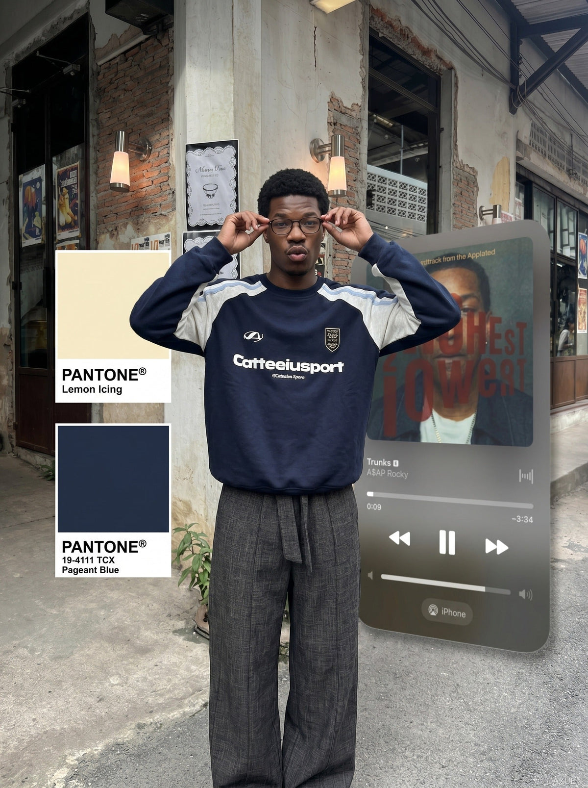 DAXUEN navy blue and burgundy colour-blocked sweatshirt — model photo