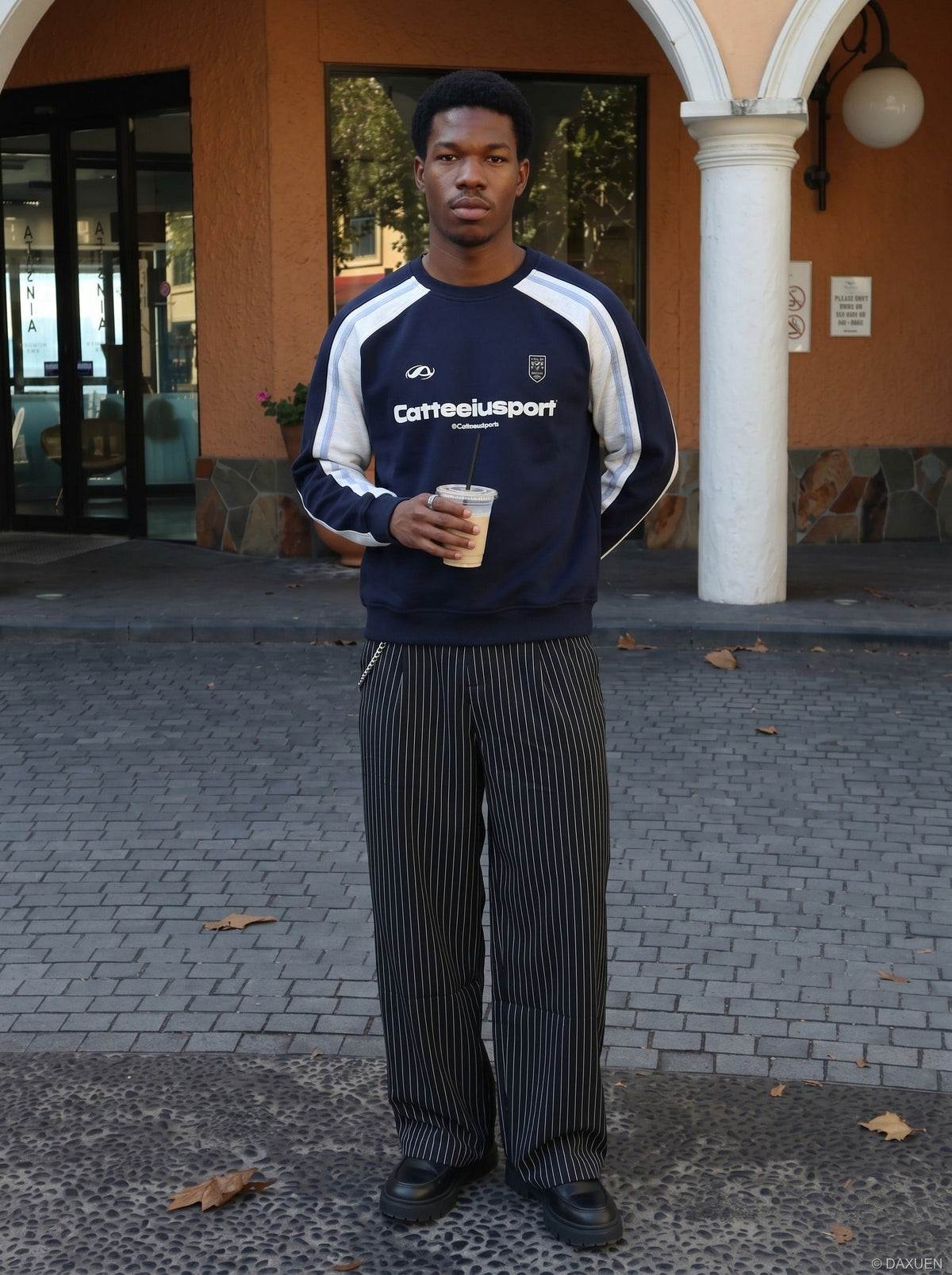DAXUEN navy blue and burgundy colour-blocked sweatshirt — model photo