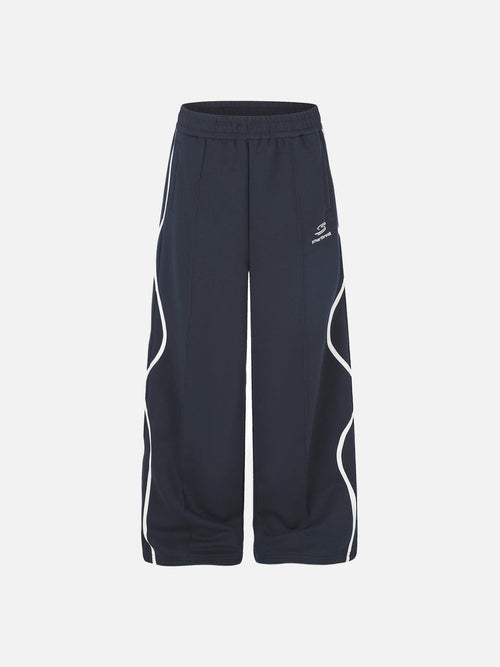 Navy Blue Wide-Leg Track Pants with Wavy Stripes - Navy / S
